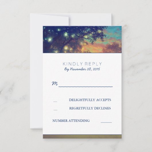 Navy Tree Lights Hochzeit RSVP Cards Karte (Vorderseite)