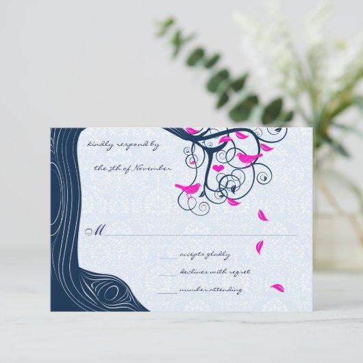 Navy Tree Wirbel Hochzeit RSVP Einladungen (Stehend Vorderseite)