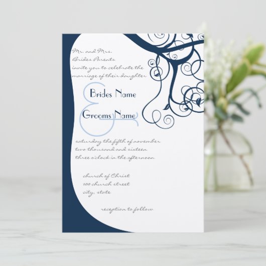 Navy Tree Wirbel Hochzeitsfeier Einladung (Stehend Vorderseite)
