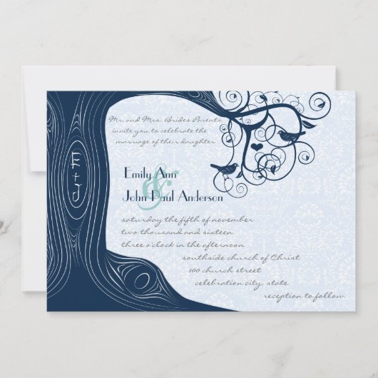 Navy Tree Wirbel Hochzeitsfeier Einladung (Vorderseite)