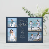 Navy Trendy Collage Wedding Save Date 4 Photos (Stehend Vorderseite)