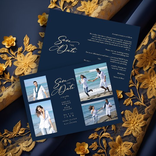 Navy Trendy Collage Wedding Save Date 4 Photos
