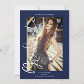 Navy Trendy Foto Whimsical Typografy Simple Grad Einladung (Vorderseite)
