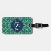 Navy Triple Monogram Emerald Quatrefoil Muster Gepäckanhänger (Vorderseite horizontal)