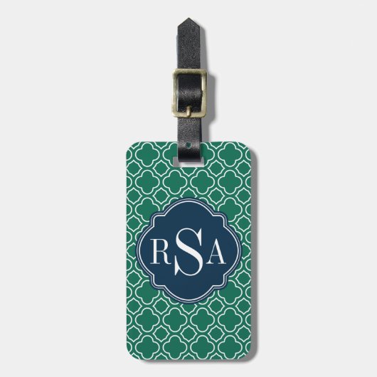 Navy Triple Monogram Emerald Quatrefoil Muster Gepäckanhänger (Vorderseite vertikal)