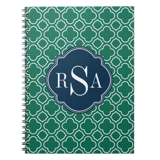 Navy Triple Monogram Emerald Quatrefoil Muster Notizblock (Vorderseite)