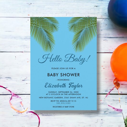 Navy Tropical Palm Blätter Beach Baby Dusche Einladung