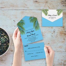 Navy Tropical Palm Blue Beach Hochzeit in Urlaubso All In One Einladung