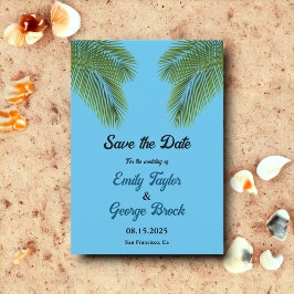 Navy Tropical Palm Blue Beach Hochzeit in Urlaubso Save The Date