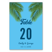 Navy Tropical Palm Blue Beach Hochzeit in Urlaubso Tischnummer (Vorderseite)