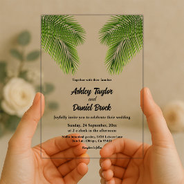 Navy Tropical Palm Leaf Beach Hochzeit in Urlaubso Acryleinladungen