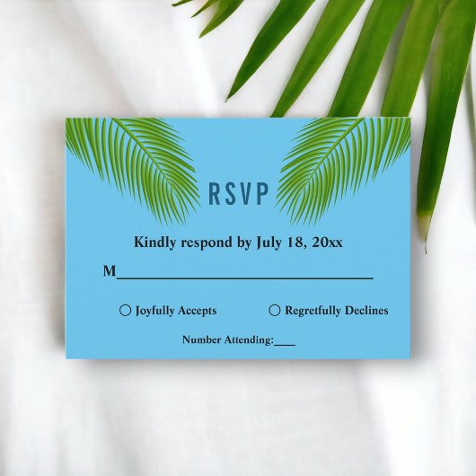 Navy Tropical Palm Leaf Blue Summer Beach Hochzeit RSVP Karte