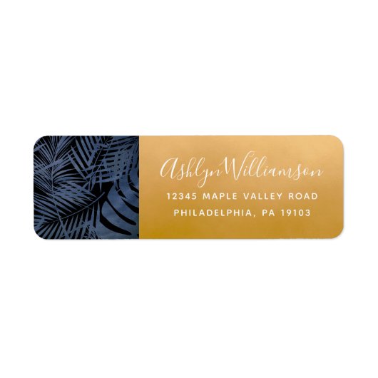 Navy tropical palm leaf modern script gold address (Vorne)