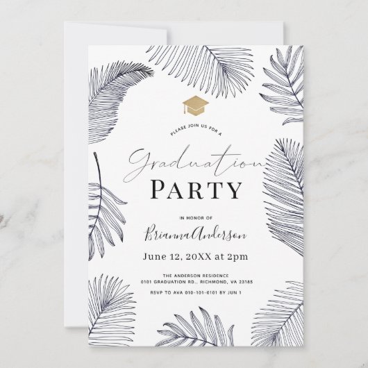 Navy Tropical Palm Tree Blätter Abschluss Einladung (Vorderseite)