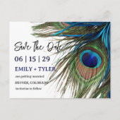 Navy Türkise Peacock Feather Boho Save the Date Ankündigungspostkarte (Vorderseite)
