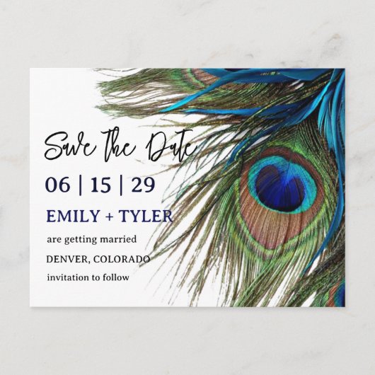 Navy Türkise Peacock Feather Boho Save the Date Ankündigungspostkarte (Vorderseite)