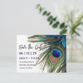 Navy Türkise Peacock Feather Boho Save the Date Ankündigungspostkarte (Stehend Vorderseite)
