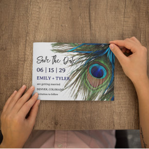 Navy Türkise Peacock Feather Boho Save the Date Ankündigungspostkarte