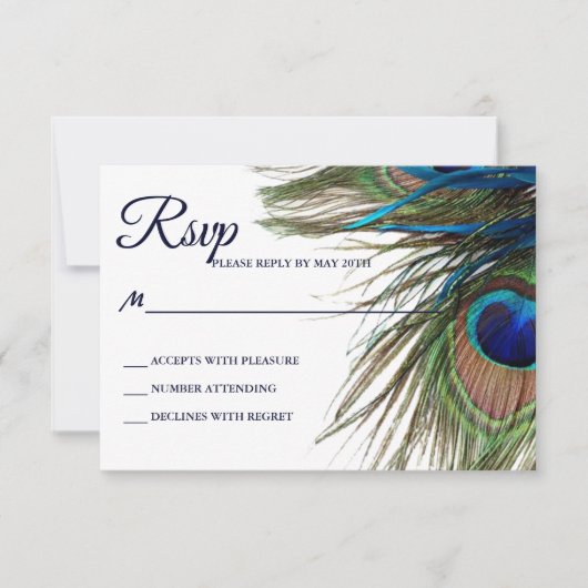Navy Türkise Peacock Feather Boho Wedding RSVP Karte (Vorderseite)
