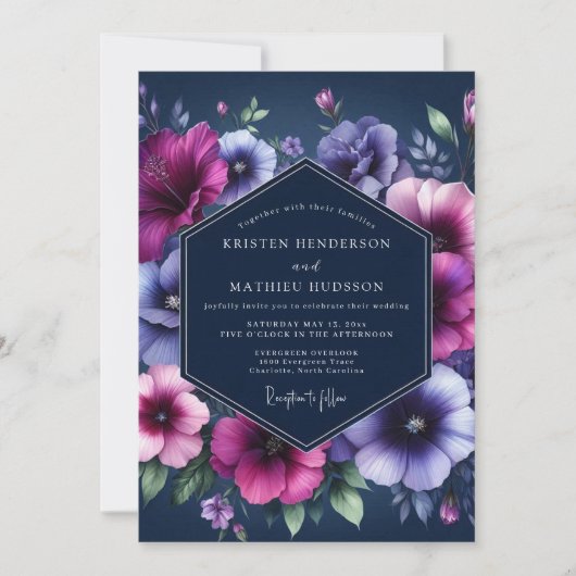 Navy Twilight Bloom Wedding Einladung (Vorderseite)