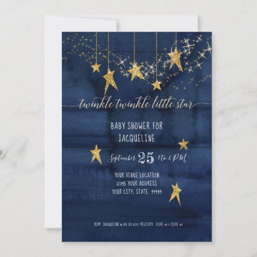 Navy Twinkle Little Star Gold Boy Baby Dusche Einladung (Vorderseite)