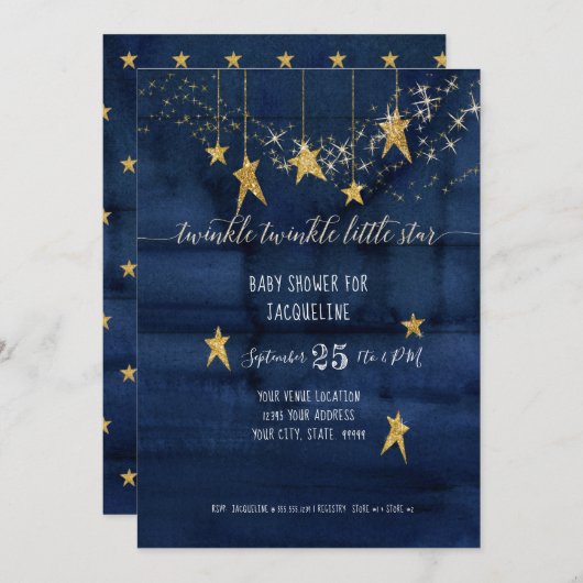 Navy Twinkle Little Star Gold Boy Baby Dusche Einladung (Vorne/Hinten)