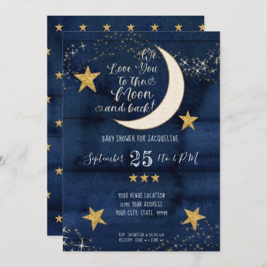 Navy Twinkle Little Star Moon Liebe Kinderdusche Einladung (Vorne/Hinten)