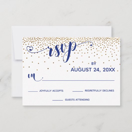 Navy UAWG Calligraphy with Hearts, Gold Confetti, RSVP Karte (Vorderseite)