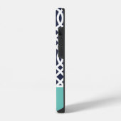 Navy und Aqua-Gitter-Monogramm iPhone Hülle (Linke Seite)