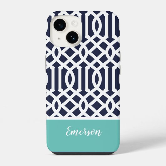 Navy und Aqua-Gitter-Monogramm iPhone Hülle (Rückseite)