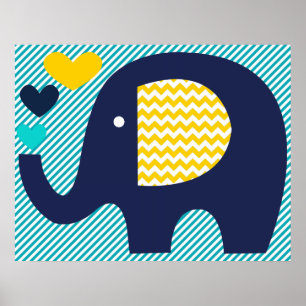 Navy und Aquamarin Elephant Kinderzimmer Poster