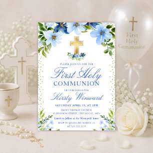 Navy und Baby Blue Blume Erste Heilige Kommune Einladung