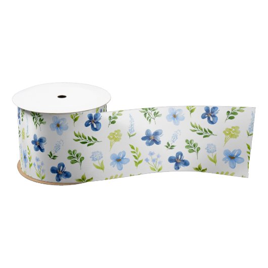 Navy und Baby Blue Blume mit Foliage Muster Satinband (Spule)