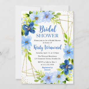Navy- und Babyblau-Blumen-Goldrahmen-Bridal-Shower Einladung