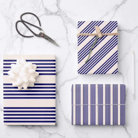 Navy und Beige fünf Streifen Muster Geschenkpapier Set (Vorderseite)