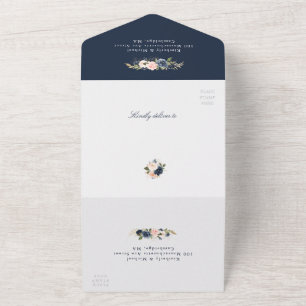 Navy- und blassrosa florale geometrische Hochzeit  All In One Einladung