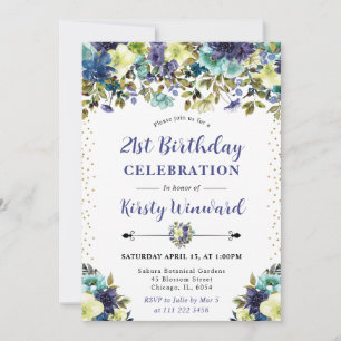 Navy und Blaue Sommerblumen 21. Geburtstag Einladung