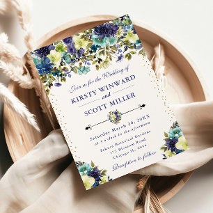 Navy und Blaue Sommerblumen Hochzeit Einladung