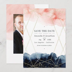 Navy- und Blush-Aquarell-Geometrie-Hochzeitsfoto Save The Date