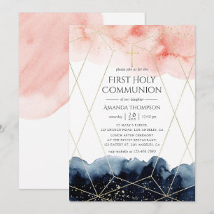 Navy und Blush-Aquarell geometrische heilige Kommu Einladung