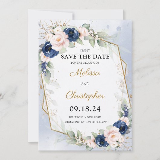 Navy und Blush Blumengrün und Goldrahmen Save The Date (Vorderseite)