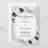 Navy und Blush Blumengrün und Goldrahmen Save The Date (Vorne/Hinten)