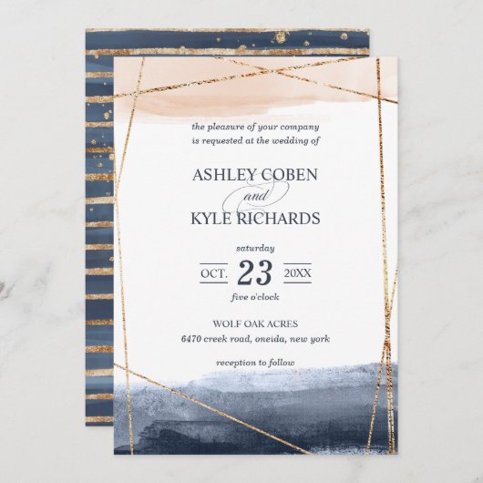 Navy und Blush mit Gold Frame Wedding Einladung (Vorne/Hinten)