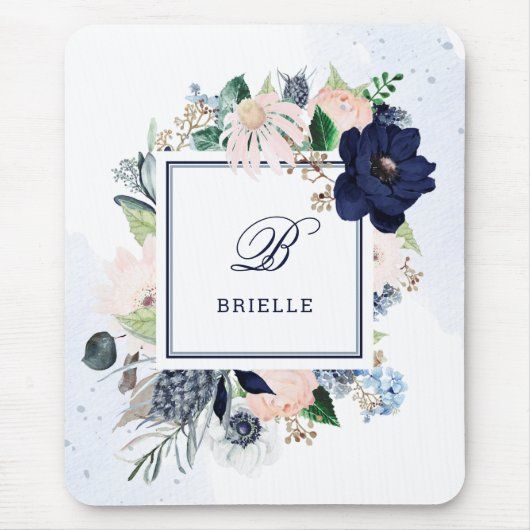 Navy und Blush | Name und Monogramm Mousepad (Vorne)