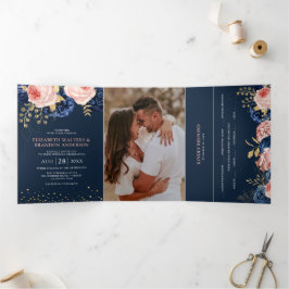 Navy und Blush Pink Florals Elegante Wedding Tri-F Dreifach Gefaltete Einladung