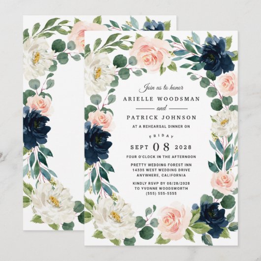 Navy und Blush Pink Probe Dinner Einladung (Vorne/Hinten)