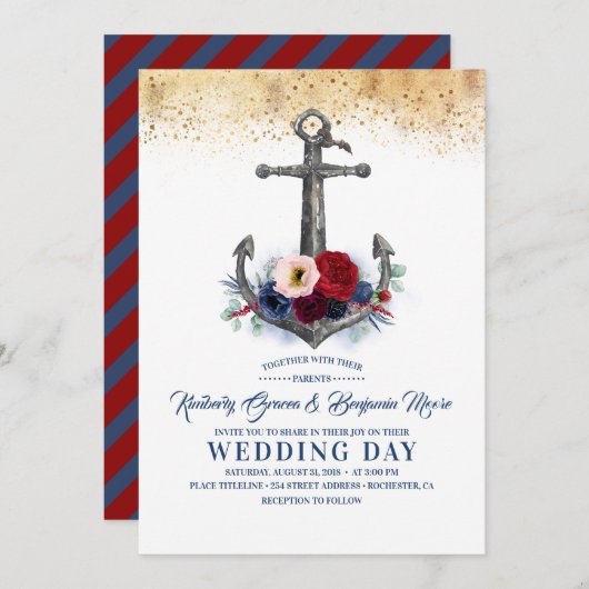 Navy und Burgund Floral Anchor Nautical Wedding Einladung (Vorne/Hinten)