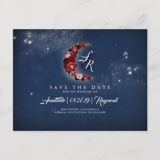 Navy und Burgund Floral Celestial Save the Date Ankündigungspostkarte (Vorderseite)