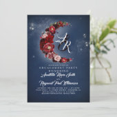 Navy und Burgund Floral Moon Engagement Party Einladung (Stehend Vorderseite)