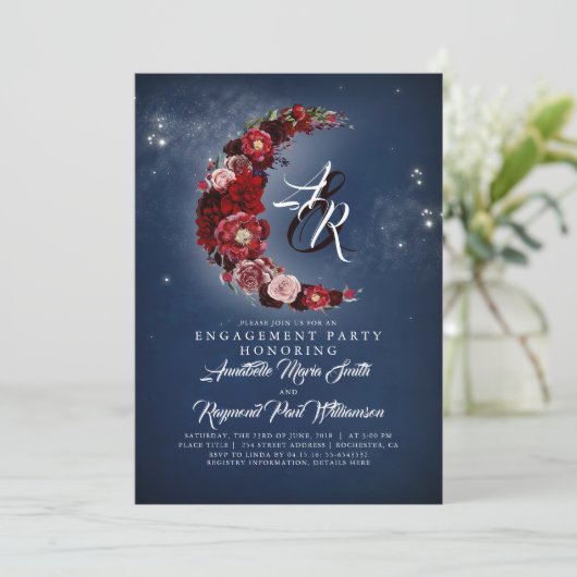 Navy und Burgund Floral Moon Engagement Party Einladung (Stehend Vorderseite)